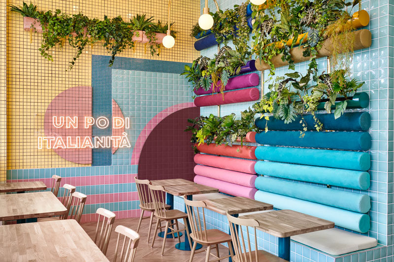 Spanish creative consultancy firm Masquespacio, have recently completed the design of Piada, a modern Italian restaurant that's located in Lyon, France. Click through to see more photos. #RestaurantDesign #ModernRestaurant #Plants #InteriorDesign