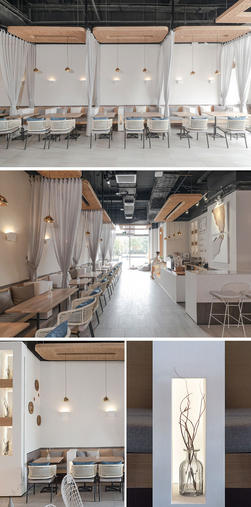 This modern coffee shop has small white partitions and curtains to divide the seating spaces, and the curtains can be closed to provide a sense of privacy. #ModernCoffeeShop #CafeInterior