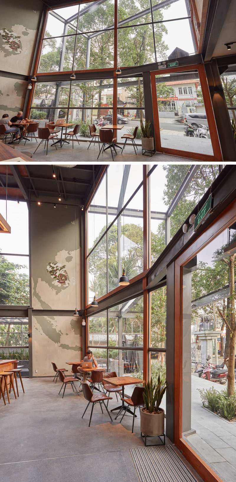 A large wall of windows floods the interior of this modern coffee shop with natural light and seating positioned next to the windows provides customers with street views. #CoffeeShop #Windows #Architecture