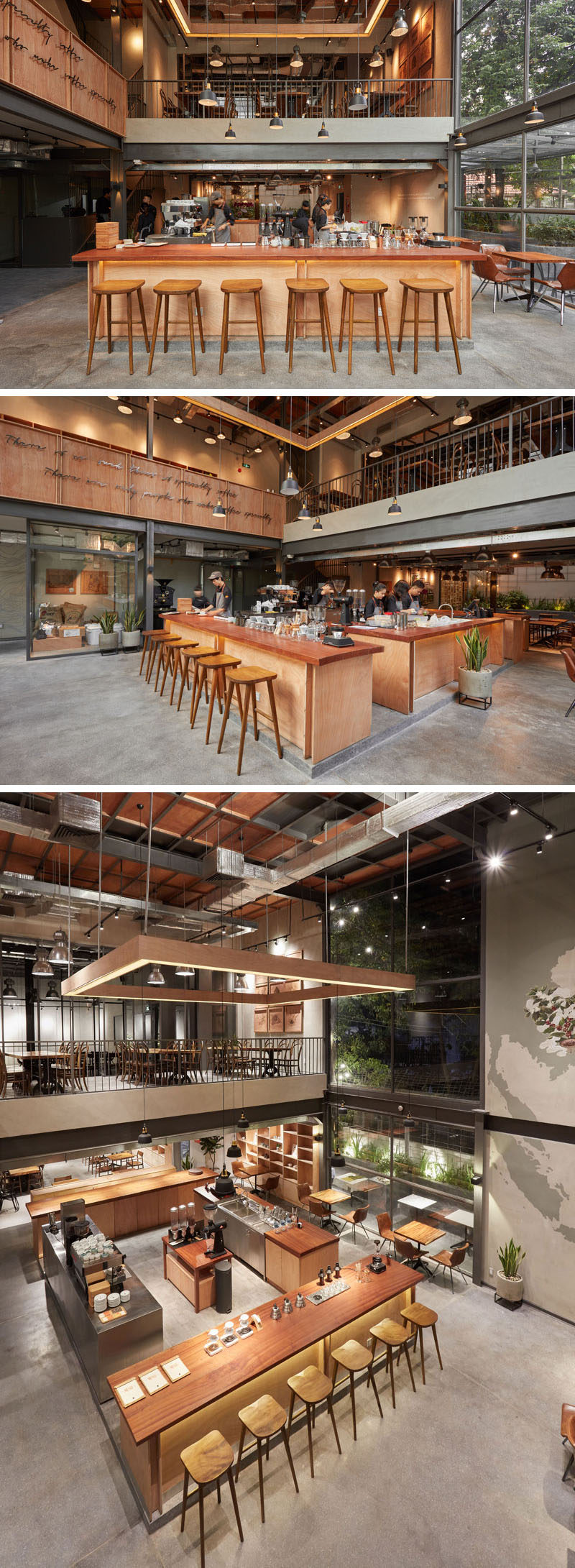 This modern coffee shop has a service area and coffee bar are positioned in the center of the room, allowing people to see the employees making their drinks. #Cafe #CoffeeShop