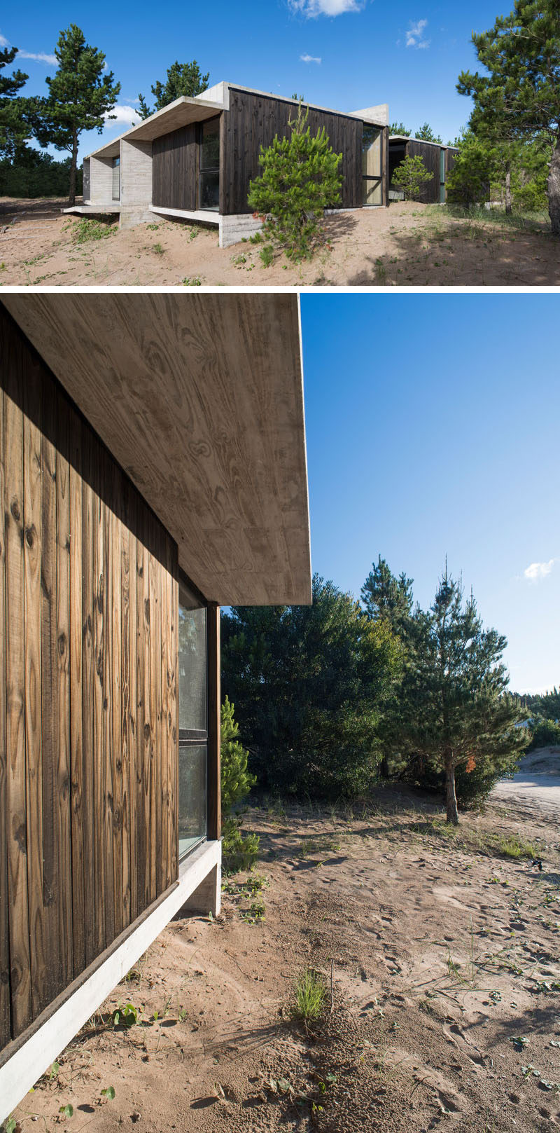 the architects used common pine wood treated with burnt oil, to break up the use of concrete on this modern house. #ModernHouse #WoodExterior #ConcreteHouse