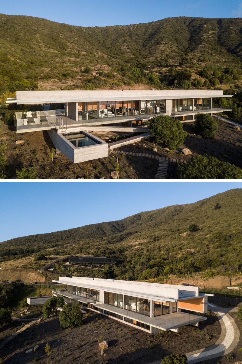 Felipe Assadi Arquitectos have designed House H, a modern concrete house that's located within the hills of Zapallar, Chile, and features a cantilevered swimming pool. Click through to see more photos of this house. #ConcreteHouse #Architecture #SwimmingPool