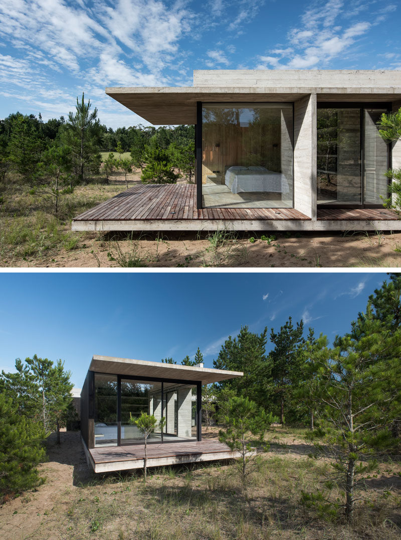 The roof of this modern concrete home overhangs the wood deck, providing shade for the bedroom. #Deck #ConcreteHouse