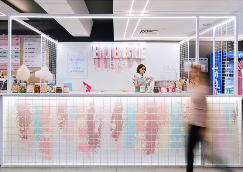 LYSIUK architects have designed Bubble Bar, a small cafeteria-like dessert bar that specializes in waffles, ice-cream, and candyfloss. #DessertBar #Design #Architecture