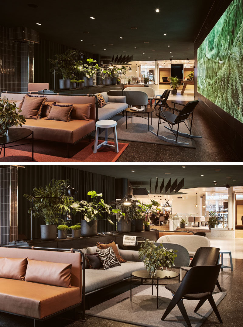 Off to the side of the reception area in this modern hotel, is a lounge with a giant media wall that shows clips of the Finnish nature. #HotelLobby 