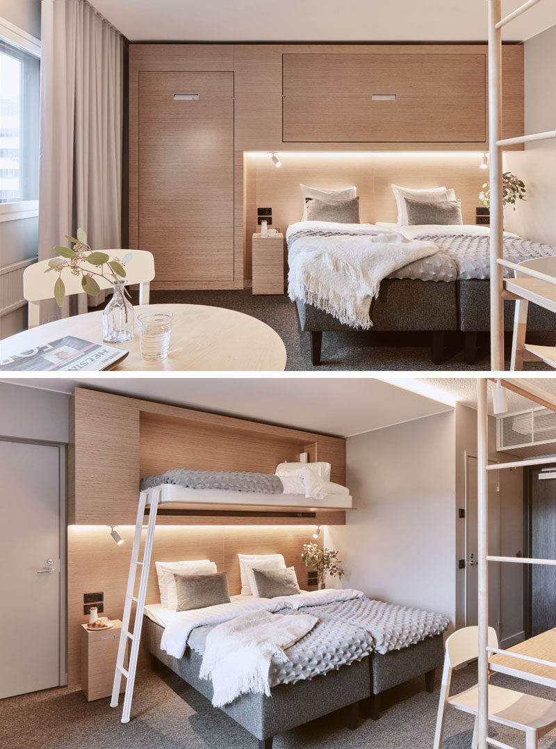 This modern hotel room has fold-down beds that almost blend into the wall and look like cabinets. #HotelRoom #FoldDownBed