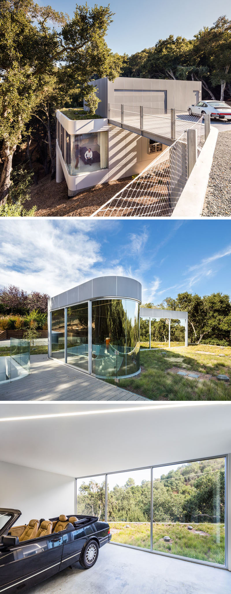 A bridge of steel grating connects the drive to the rooftop of this modern house, that features a rooftop of native grasses, while an observation deck sits in the grass field along with a garage/foyer of zinc panels and mirror glass. #ModernHouse #GreenRoof #Garage