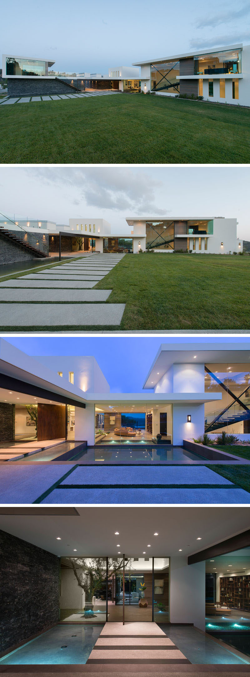 Wide horizontal pavers guide guests to the front door of this modern house, that's reached by steps surrounded by water. Beside the water feature is a chiseled marble ledger stone wall. #ModernHouse #ModernLandscaping