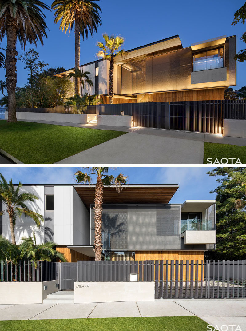 On the facade of this modern house, graphite grey sail screens, made from polycarbonate chainmail, are rigged just off the house providing privacy from the road. #Screens #Architecture #ModernHouse