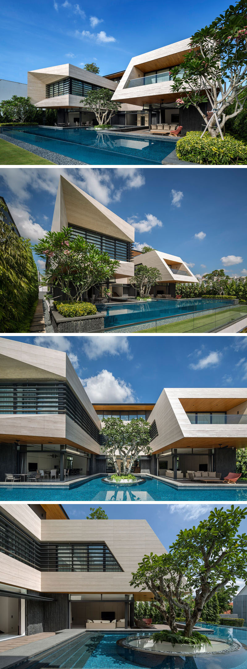 This modern house has a large pool with a single Frangipani tree floating in the swimming pool, and the floating planter allows daylight and natural ventilation to the garage below. #SwimmingPool #Landscaping