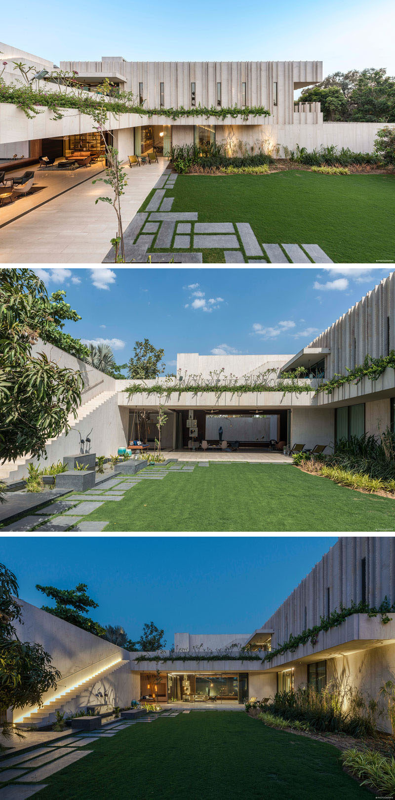 This modern landscaped garden has solid stone stairs that lead to an elevated garden roof. #Landscaping #ExteriorStairs #ModernGarden