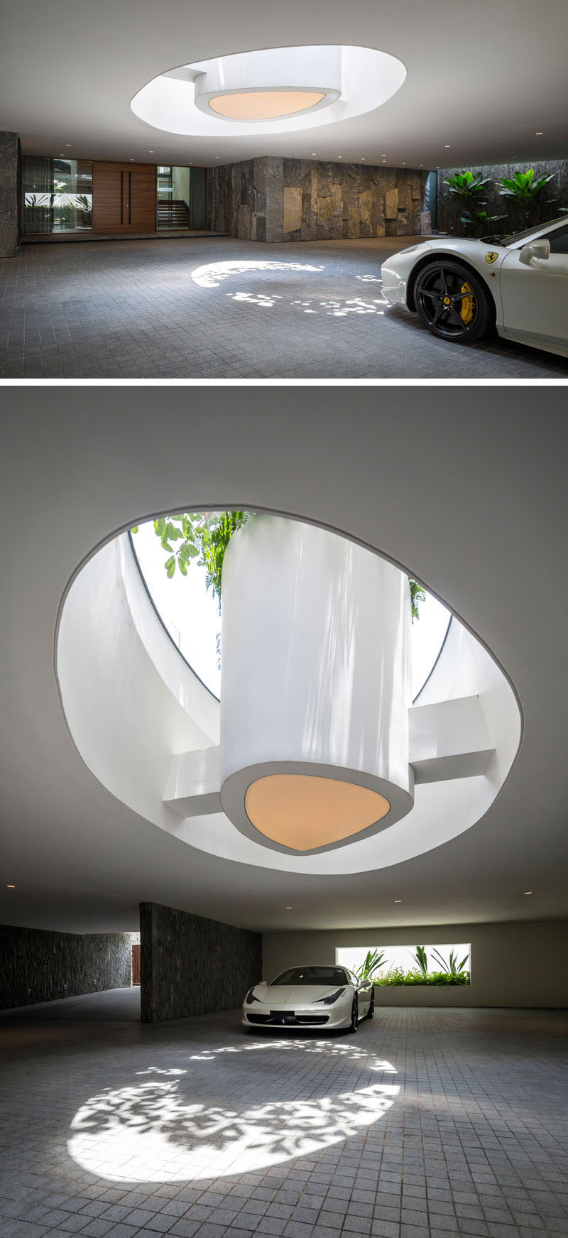 This modern garage features stone elements to help create a cave-like appearance. A large open skylight provides natural light and venting to the garage, and within the skylight is a planter that floats within the swimming pool above. #Garage #Architecture