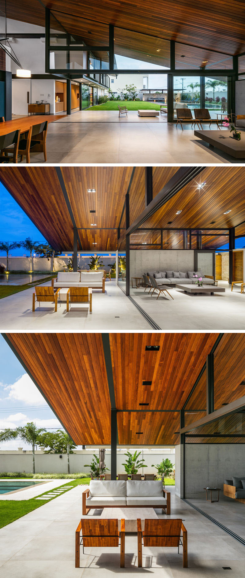 The living area in this modern house opens up to the covered outdoor lounge and alfresco dining space. The sloped ceiling runs from the interior of the home to the exterior, with angled windows following the line. #ModernHouse #IndoorOutdoorLiving #SlopedWoodCeiling