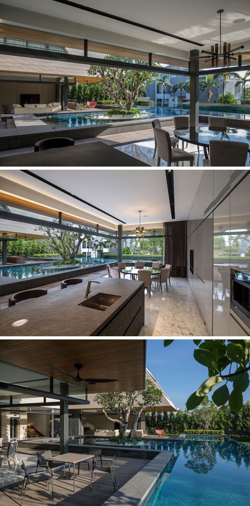 This modern house has retractable walls that open the social areas of the house, like the kitchen, dining and living room, to the wrap around patio and pool. #Kitchen #DiningRoom #SwimmingPool