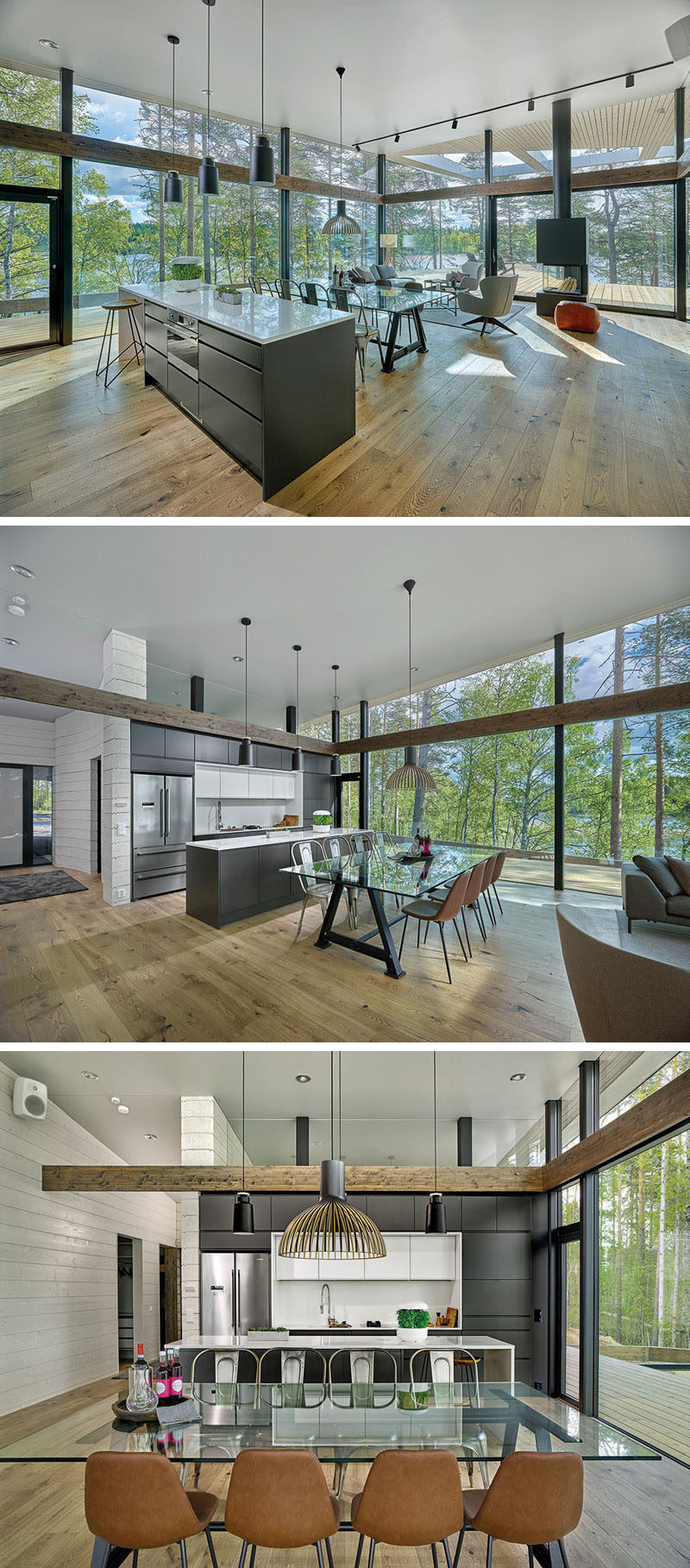 In this modern house, a simple pendant light anchors the glass dining table in the open room, while behind it sits the kitchen with dark cabinets and white countertops. #OpenPlan #Dining #Kitchen