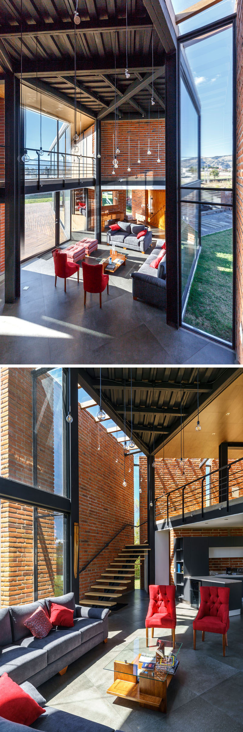 In the living room of this modern house, double height ceilings make the space feel open and airy, while the brick walls break up the glass and steel elements. #LivingRoom #HighCeilings