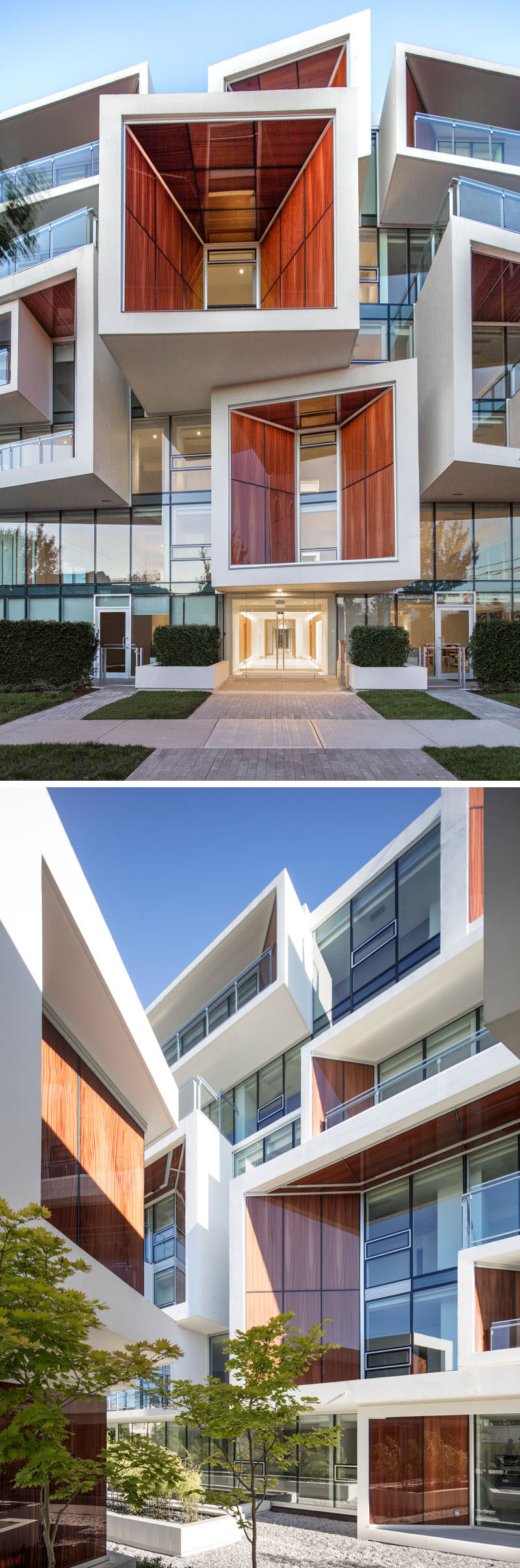 Arno Matis Architecture have designed a multi-residential building in Vancouver, Canada, that features a natural wood-glass skin and green roofs. #ApartmentBuilding #WoodGlassSkin #Architecture