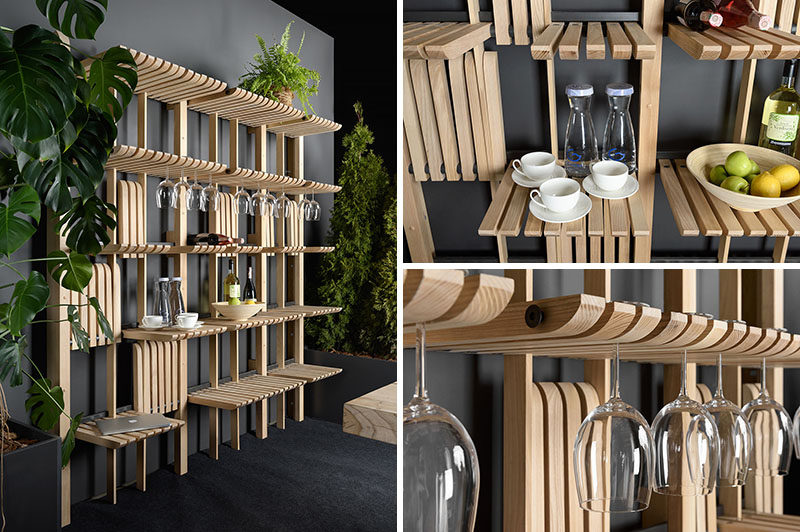 Artem Zakharchenko has designed the 'Gate' furniture system that consists of a modern wood shelving unit that can be used as a wardrobe, living room furniture, kitchen storage, and more. #ShelvingUnit #WoodShelving #ModernShelving