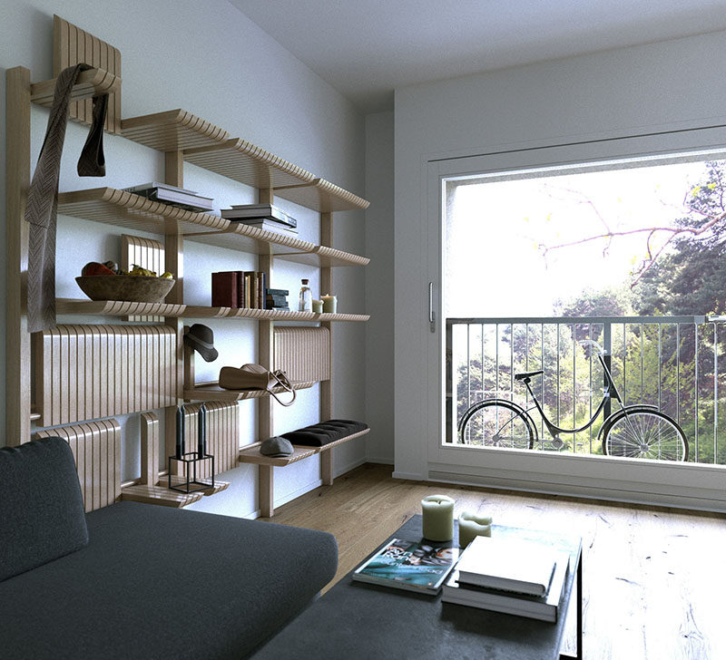 Artem Zakharchenko has designed the 'Gate' furniture system that consists of a modern wood shelving unit that can be used as a wardrobe, living room furniture, kitchen storage, and more. #ShelvingUnit #WoodShelving #ModernShelving