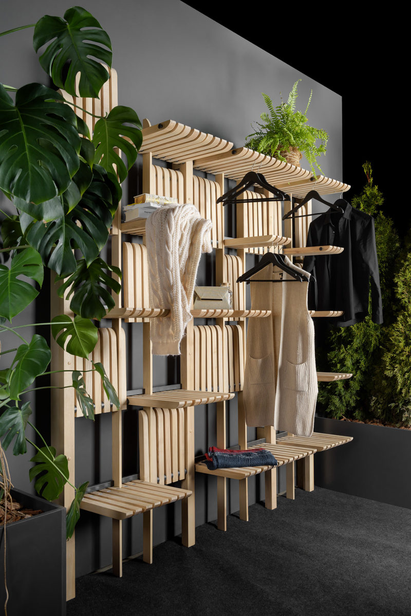 Artem Zakharchenko has designed the 'Gate' furniture system that consists of a modern wood shelving unit that can be used as a wardrobe, living room furniture, kitchen storage, and more. #ShelvingUnit #WoodShelving #ModernShelving