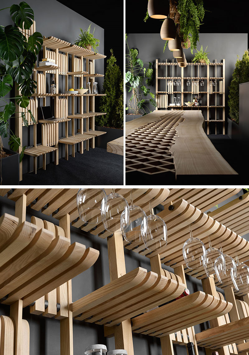 Artem Zakharchenko has designed the 'Gate' furniture system that consists of a modern wood shelving unit that can be used as a wardrobe, living room furniture, kitchen storage, and more. #ShelvingUnit #WoodShelving #ModernShelving