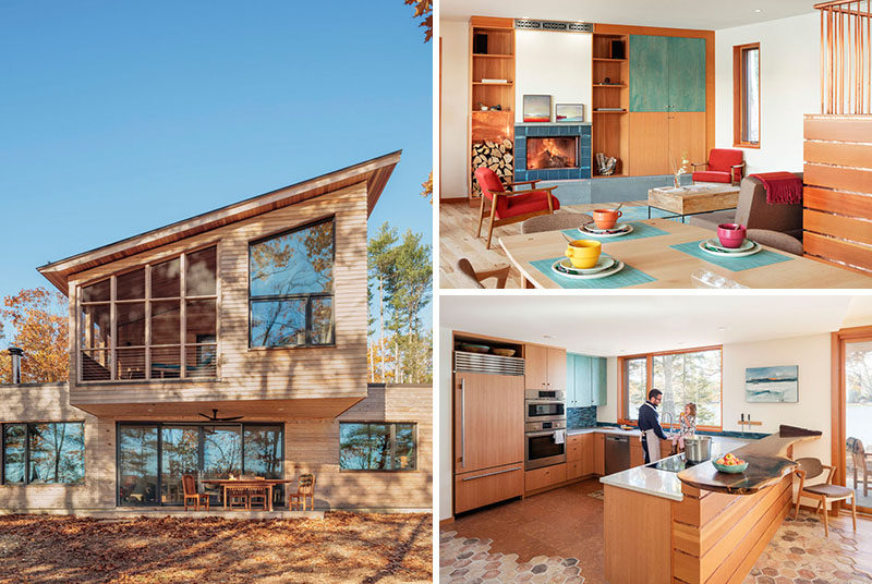 Kaplan Thompson Architects have designed a new contemporary house in Harpswell, Maine, that sits by the water and features a cedar siding exterior with various textures that allow the house to melt away into the trees. #WoodHouse #ModernHouse