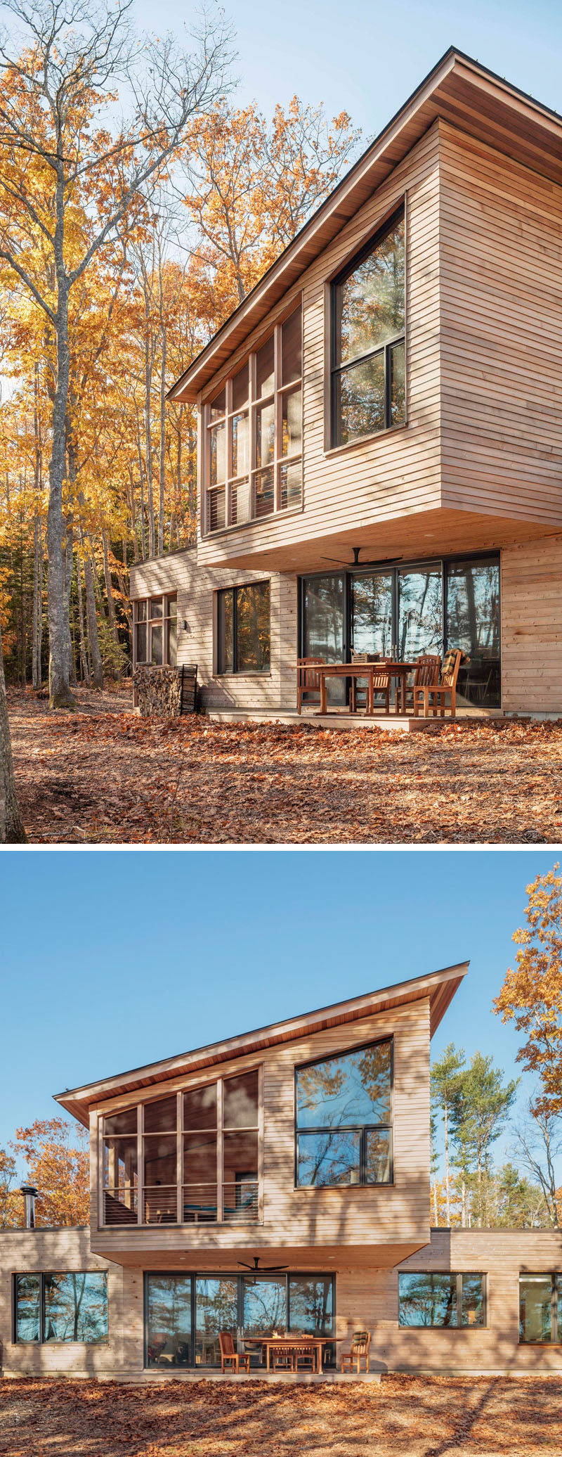 Kaplan Thompson Architects have designed a new contemporary house in Harpswell, Maine, that sits by the water and features a cedar siding exterior with various textures that allow the house to melt away into the trees. #ModernHouse #WoodHouse