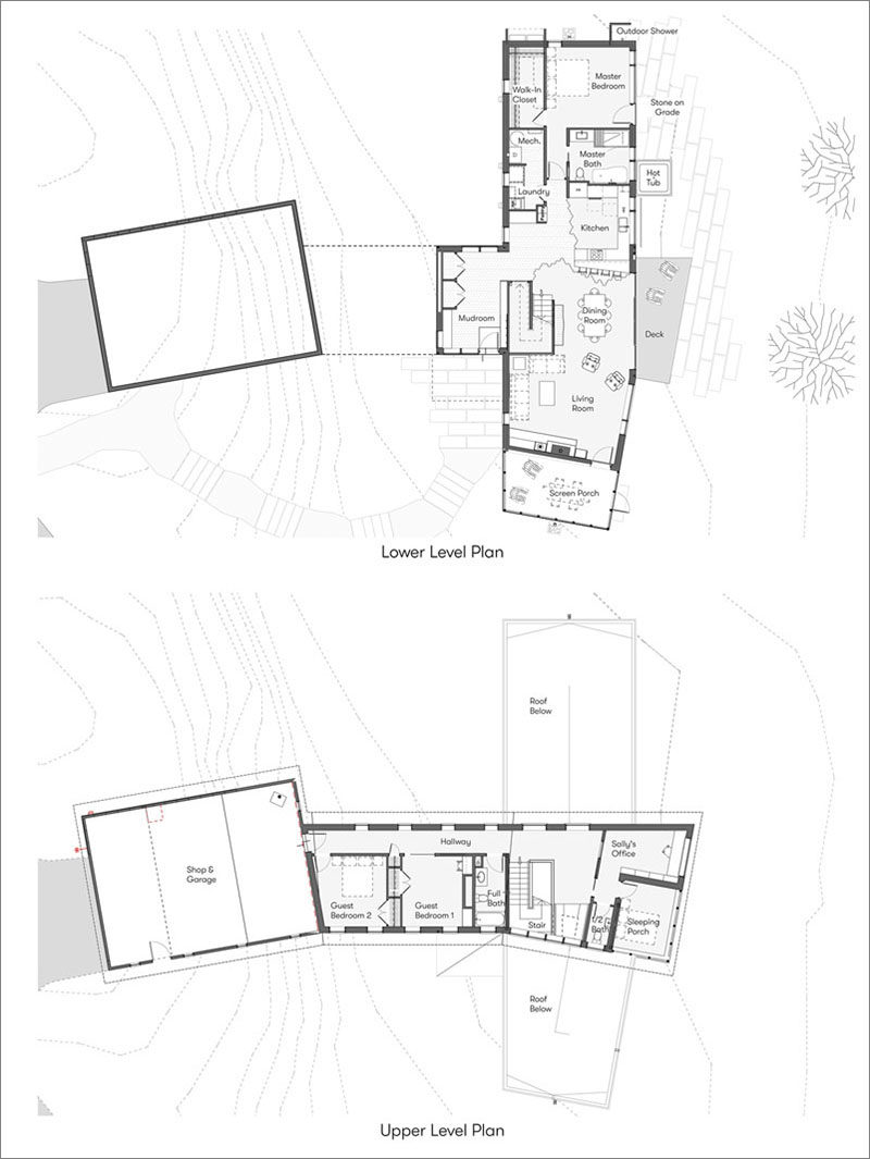 Floor plans for a modern two-storey wood house. #ModernHouse #HousePlans #FloorPlans