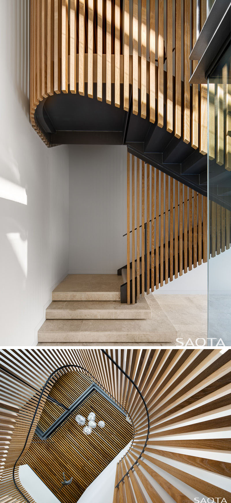 This modern house has a black staircase is wrapped in a cloak of timber louvres. #Stairs #BlackStairs #WoodStairs
