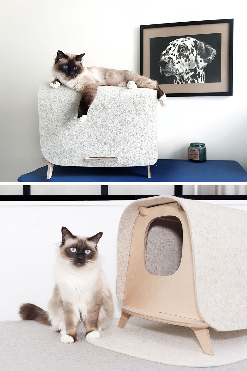 The Wool Lodge is a modern multipurpose piece of pet furnitiure that can be used as a cat's litter box or as a cat and dog bed. It's made in France from plywood and merino wool. Click through to see more photos and more information. #CatFurniture #CatBed #DogBed #CatLitterBox #StylishCatBed 