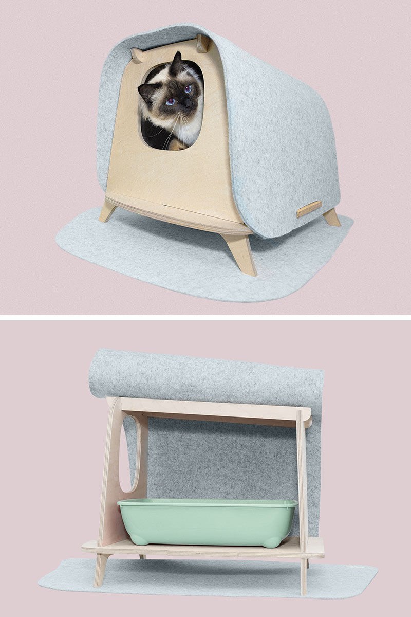 The Wool Lodge is a modern multipurpose piece of pet furnitiure that can be used as a cat's litter box or as a cat and dog bed. It's made in France from plywood and merino wool. Click through to see more photos and more information. #CatFurniture #CatBed #DogBed #CatLitterBox #StylishCatBed