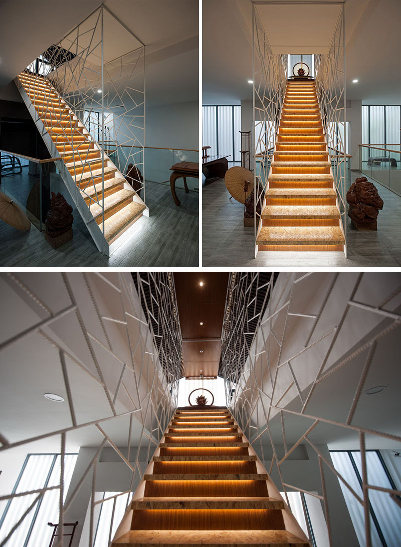 MINAX Architects have designed an 'ice-cracked' rebar safety barrier for these modern stairs. #ModernStairs #Design #Interiors