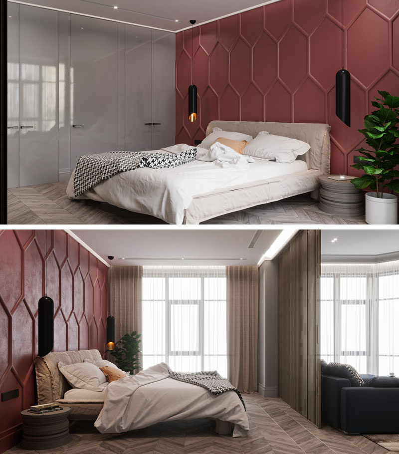 OM Architecture have designed an apartment in Kiev, Ukraine, that features a bold deep red accent wall in the bedroom. Moldings were used to create the pattern, while a single color helps to create a dramatic feature wall. #AccentWall #FeatureWall #Pattern #Bedroom #ModernBedroom #DeepRed