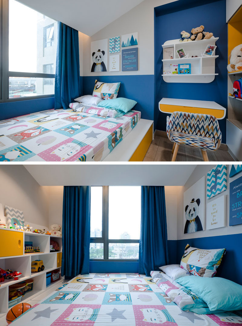 In this modern kid's bedroom, pops of blue and yellow have been used to add color and cheerfulness to the room. Click through to see more photos of this apartment. #KidsBedroom #BlueAndYellow #InteriorDesign #BedroomIdeas