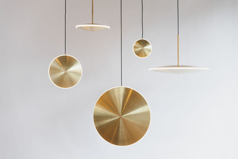 Design studio Graypants have launched their latest collection, 'Chrona', that are a variety of dish pendant lights that can be hung individually or together to make a 'constellation' of lights. #Lighting #Design #ModernPendant #BrassLighting