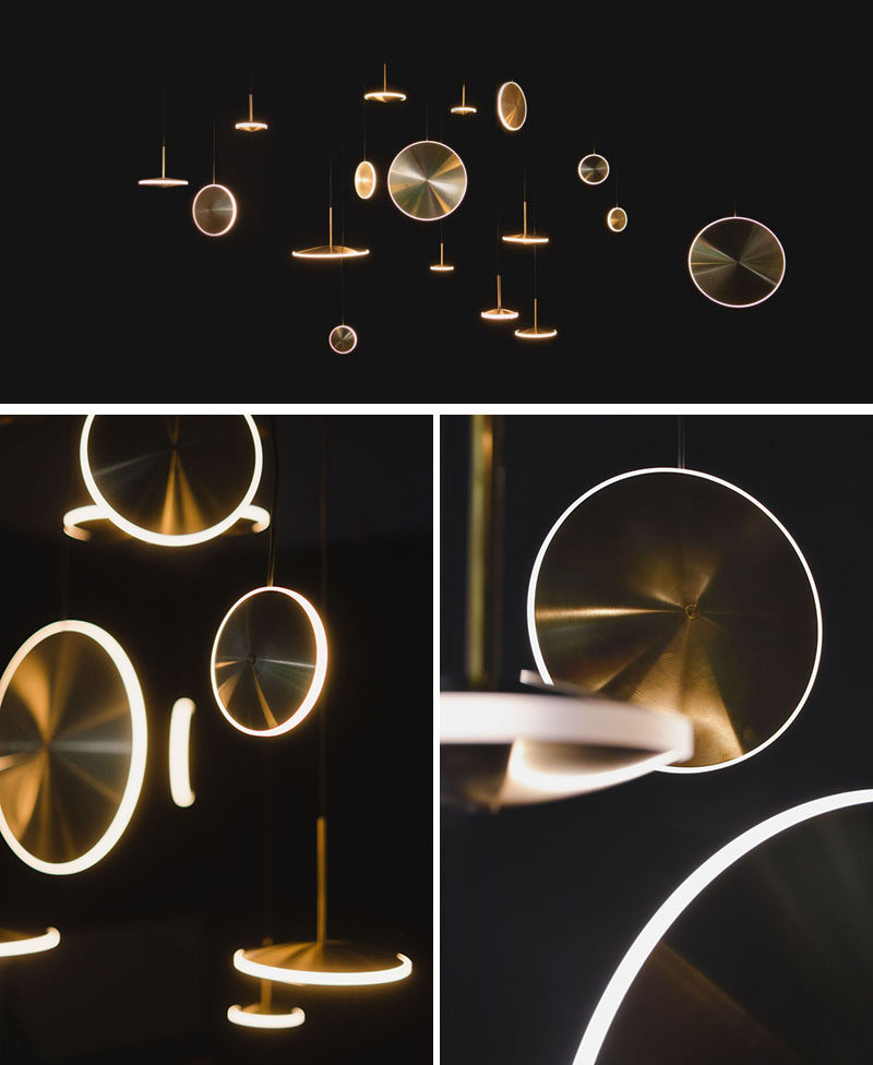 Design studio Graypants have launched their latest collection, 'Chrona', that are a variety of dish pendant lights that can be hung individually or together to make a 'constellation' of lights. #Lighting #Design #ModernPendant #BrassLighting