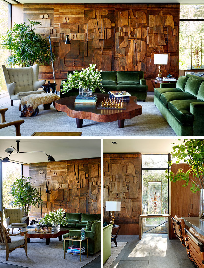 This living room features a patterned and artistic wood accent wall. #AccentWall #InteriorDesign #LivingRoom
