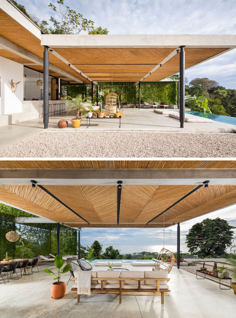 This modern communal lounge area in a Costa Rican hotel features locally-sourced materials, like the ceilings that are made of “caña brava” (a type of grass) and have been installed in an intricate fishbone pattern. #ModernHotel #Ceiling #CostaRica #GrassCeiling