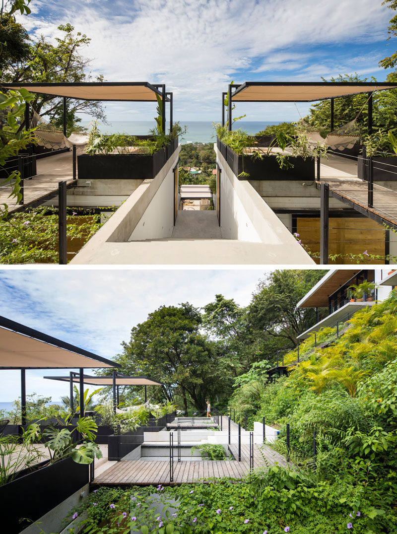 Each room of this modern hotel in Costa Rica has its own rooftop terrace, complete with lush plants, a sail for shade and furnished with rattan furniture made locally. #CostaRica #ModernHotel #HotelDesign