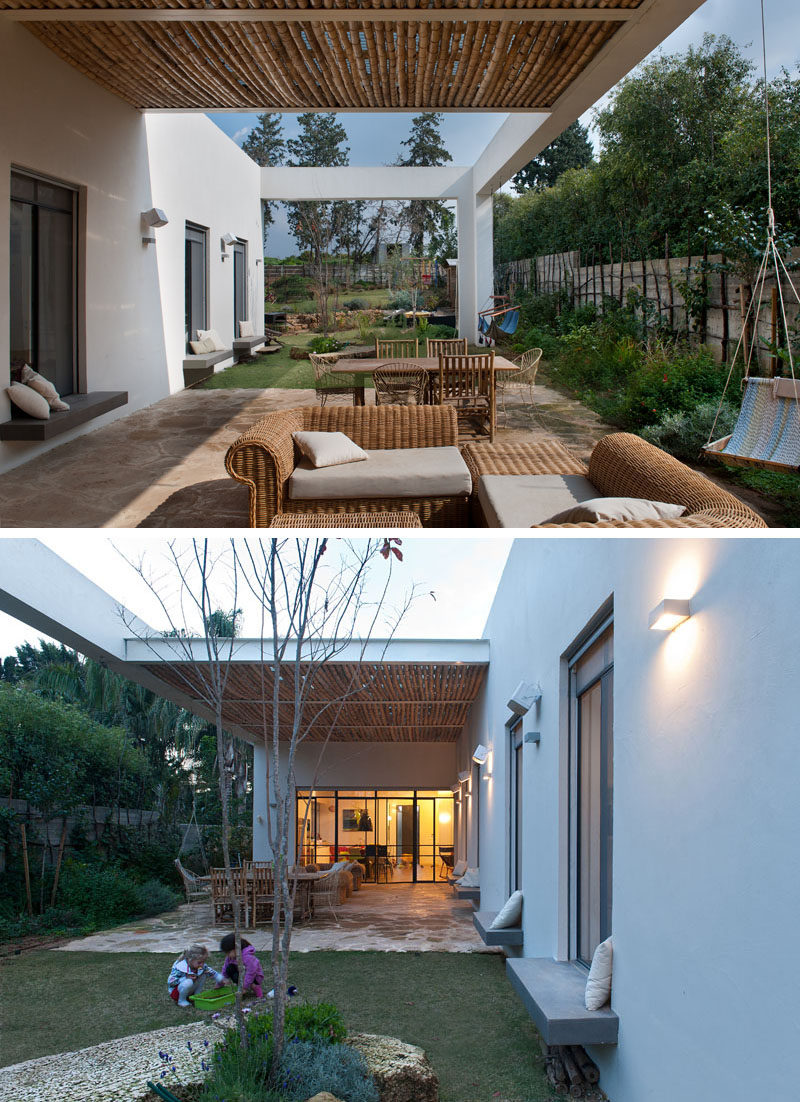 This modern house for a family in Israel,has window seats on the exterior of the house. #OutdoorSpace #WindowSeats #WindowSills #Windows