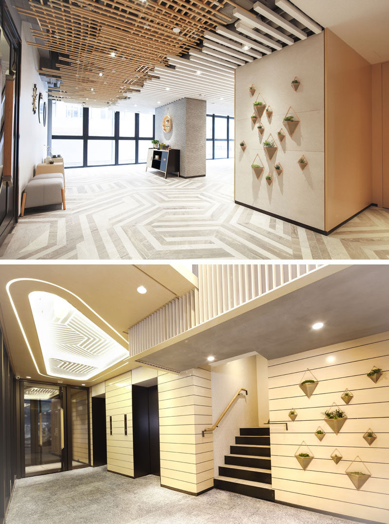 Touches of nature have been included throughout the design of this modern hotel, like the geometric hanging wall planters in the hallways. #ModernHotel #WallPlanters #InteriorDesign