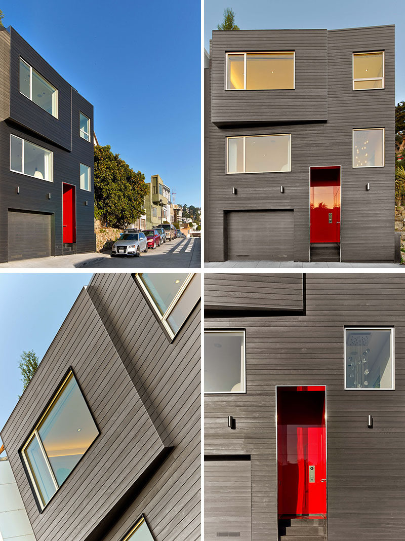 This modern house in San Francisco has an exterior of Shou Sugi Ban siding (charred wood), and a bright red front door. #ModernHouse #ShouSugiBan #CharredWoodSiding #FrontDoor