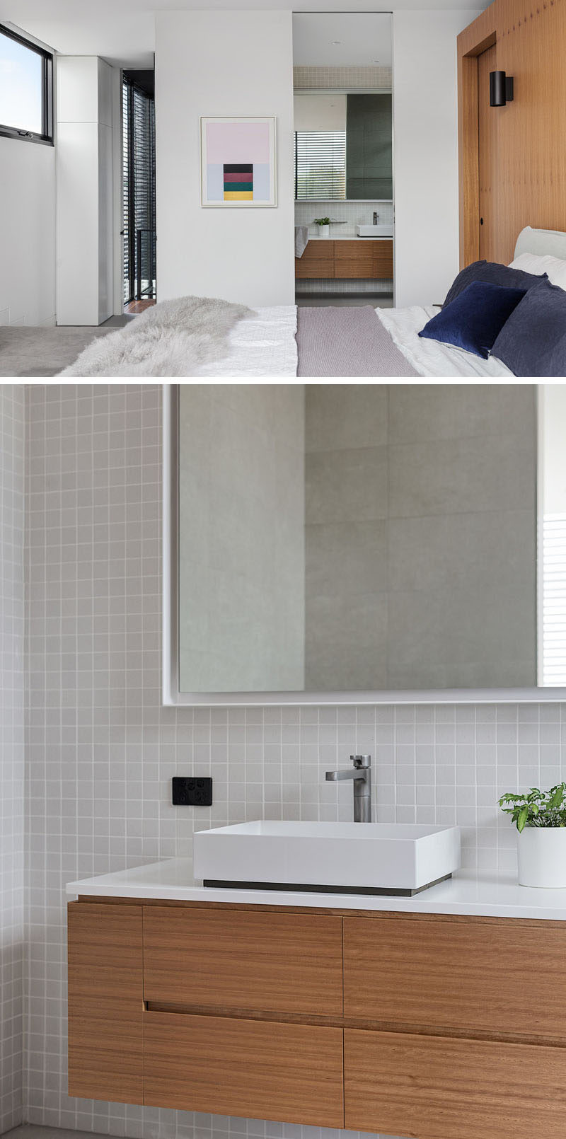 A wood vanity in this modern bathroom is topped with a white counter and basin, while light colored square tiles cover the walls. #ModernBathroom #BathroomDesign