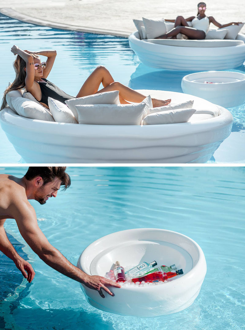 Greek furniture design studio INOMO have created a floating sunbed as part of their first floating furniture collection named 'Waves'. #Sunbed #FloatingSunbed #PoolFurniture