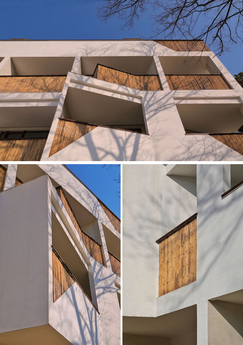 This modern hotel has angled balconies and uses locally sourced bamboo wood to create interest on the facade. #Hotel #Architecture #Balconies