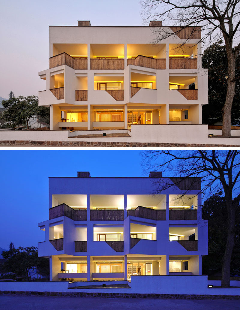 This modern hotel has angled balconies and uses locally sourced bamboo wood to create interest on the facade. #Hotel #Architecture #Balconies