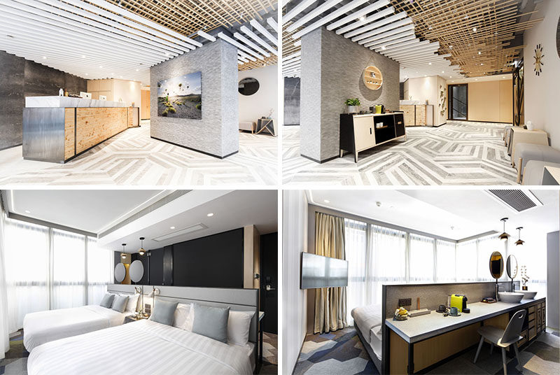 Inspired by tea houses and nature, this modern hotel in Hong Kong uses a mix of wood, shades of grey and white, and concrete for a neutral and calming atmosphere. #ModernHotel #HotelInterior #HotelLobby #InteriorDesign
