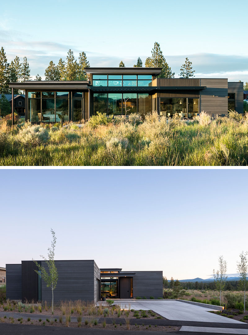 The exterior of this modern house has custom stained cedar siding that helps to blend the house in with the varied textures and subtle colors of the desert. #ModernHouse #Architecture #CedarSiding