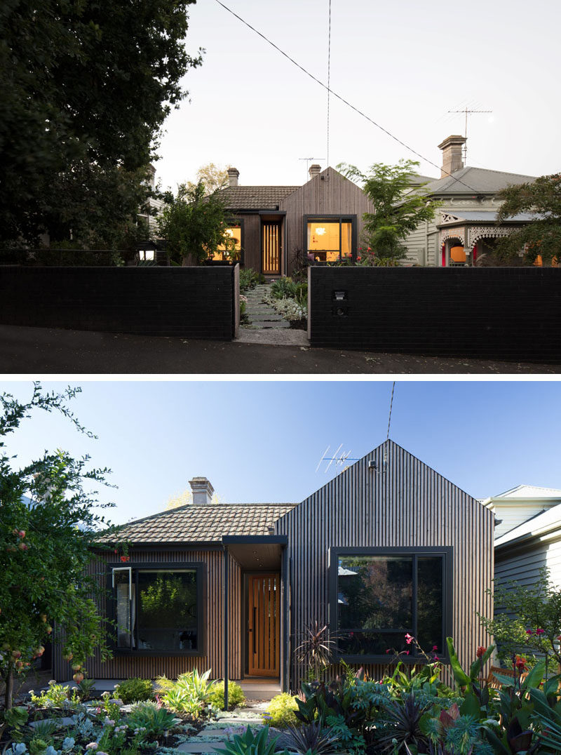 The new street facade of this original brick cottage was re-clad using greyed timber battens to soften the brown brick walls, while the bedrooms have been given a pop bay window relieving the flat facade. #WoodFacade #CurbAppeal #RenovatedHouse #Architecture