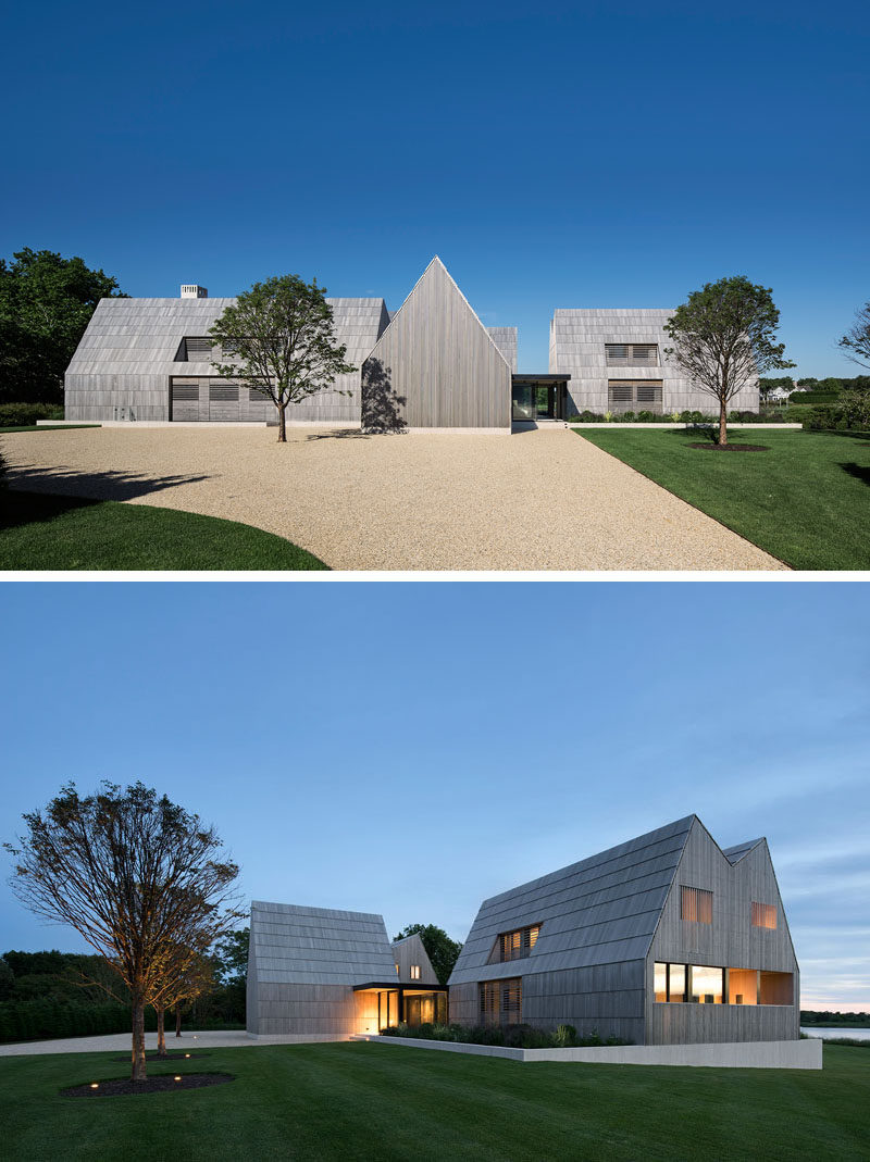 This modern house has cedar shingles have been scaled up to the size of boards to cover the roof and sidewalls, while cedar screens provide privacy and filter light. #Shingles #Architecture #ModernHouse